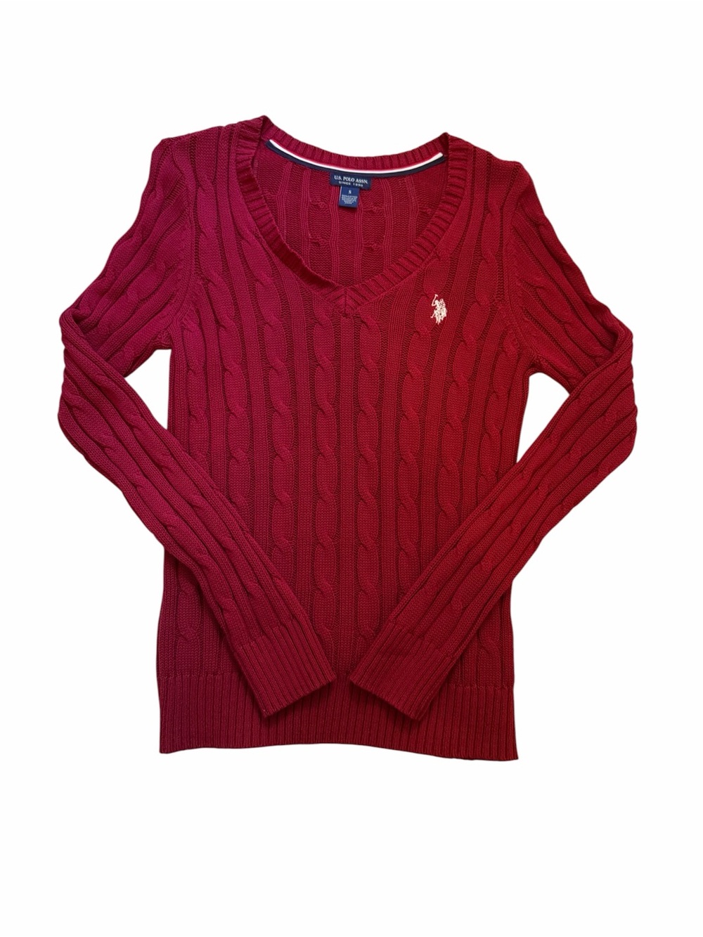 U.S. Polo Assn. Women's Red Cable-Knit V-Neck Sweater